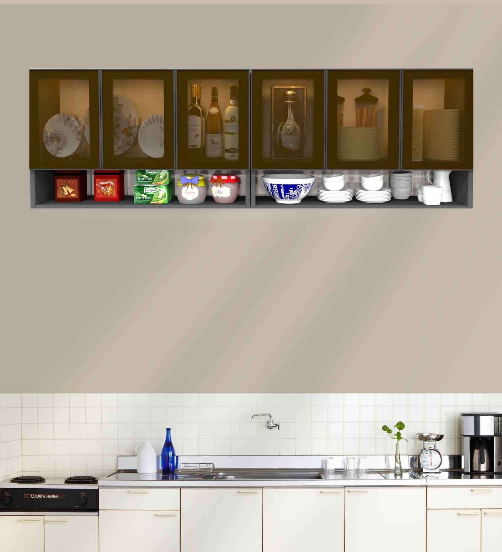 Aluminium Black Profile 6 Brown Tinted Glass handless shutter with Space Organizer in Slate Grey Finish