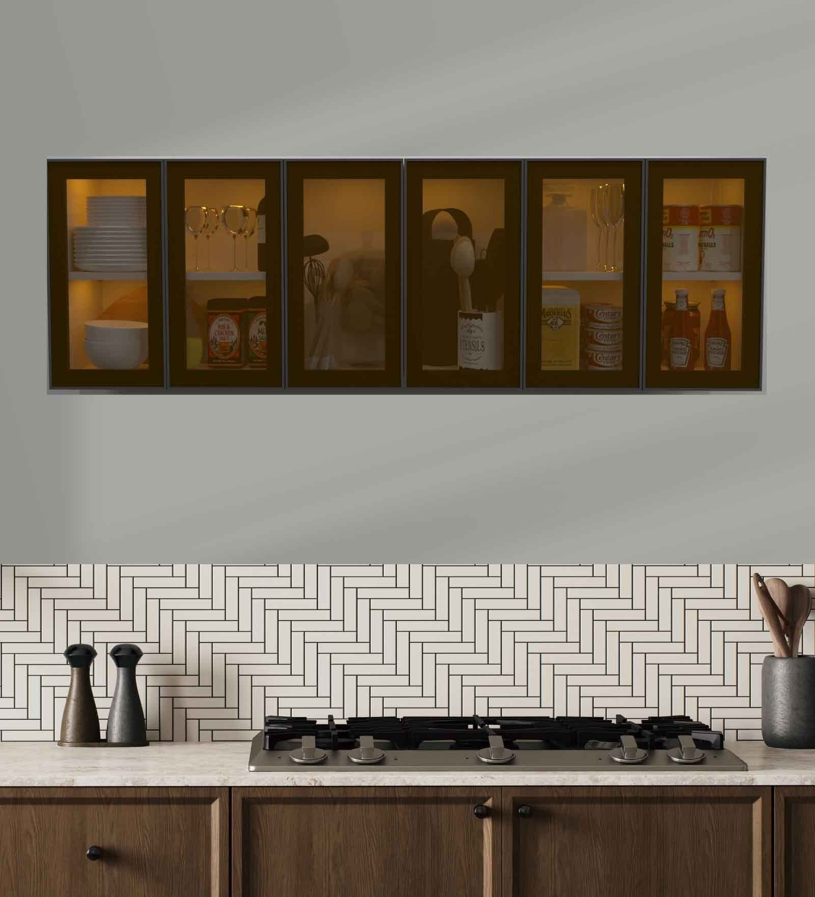 Aluminium Black Profile 6 Brown Tinted Glass handless shutters Wall Cabinet in Highland Pine Finish