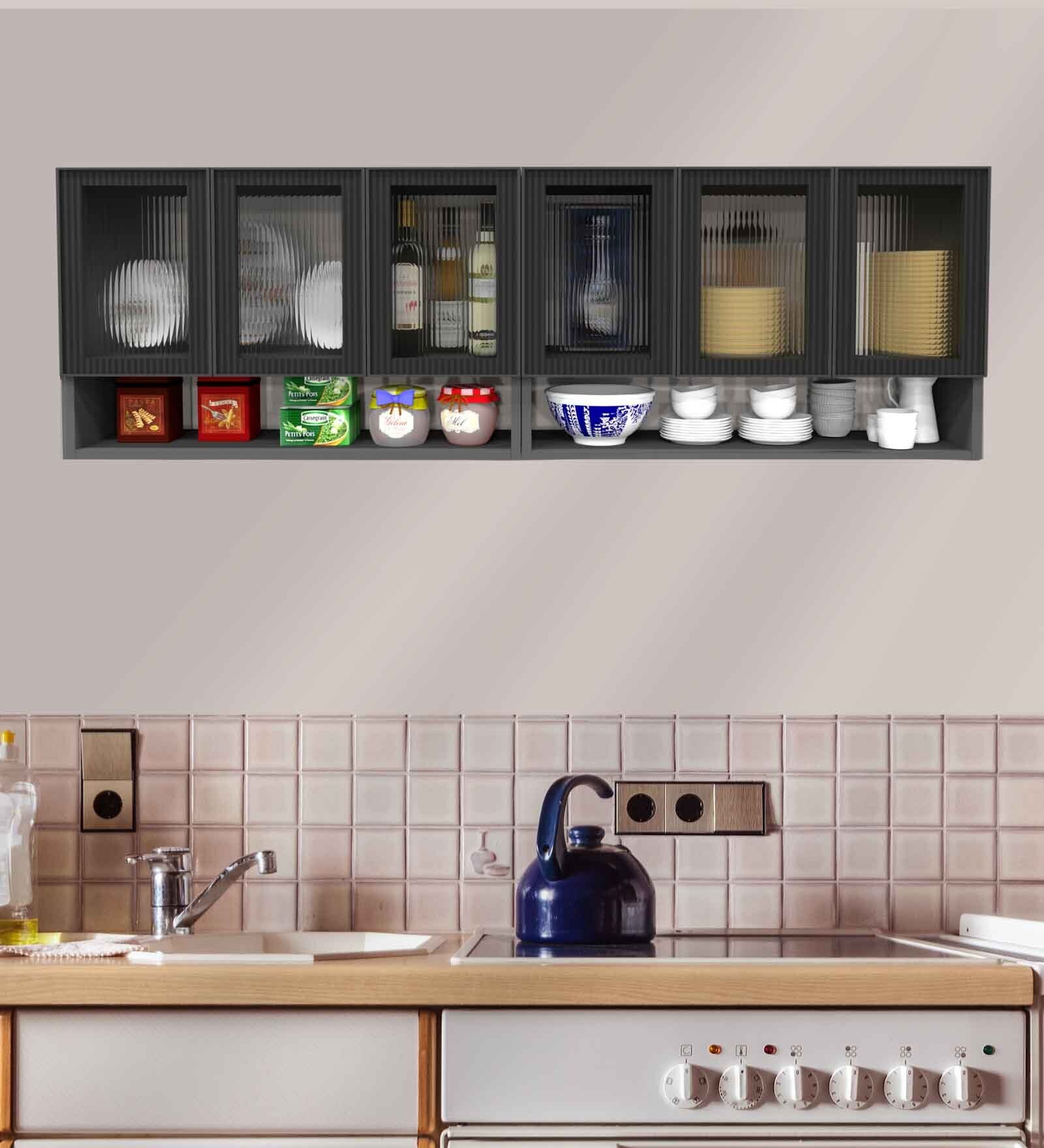 Aluminium Black Profile 6 Fluted Glass handless shutter with Space Organizer in Slate Grey Finish