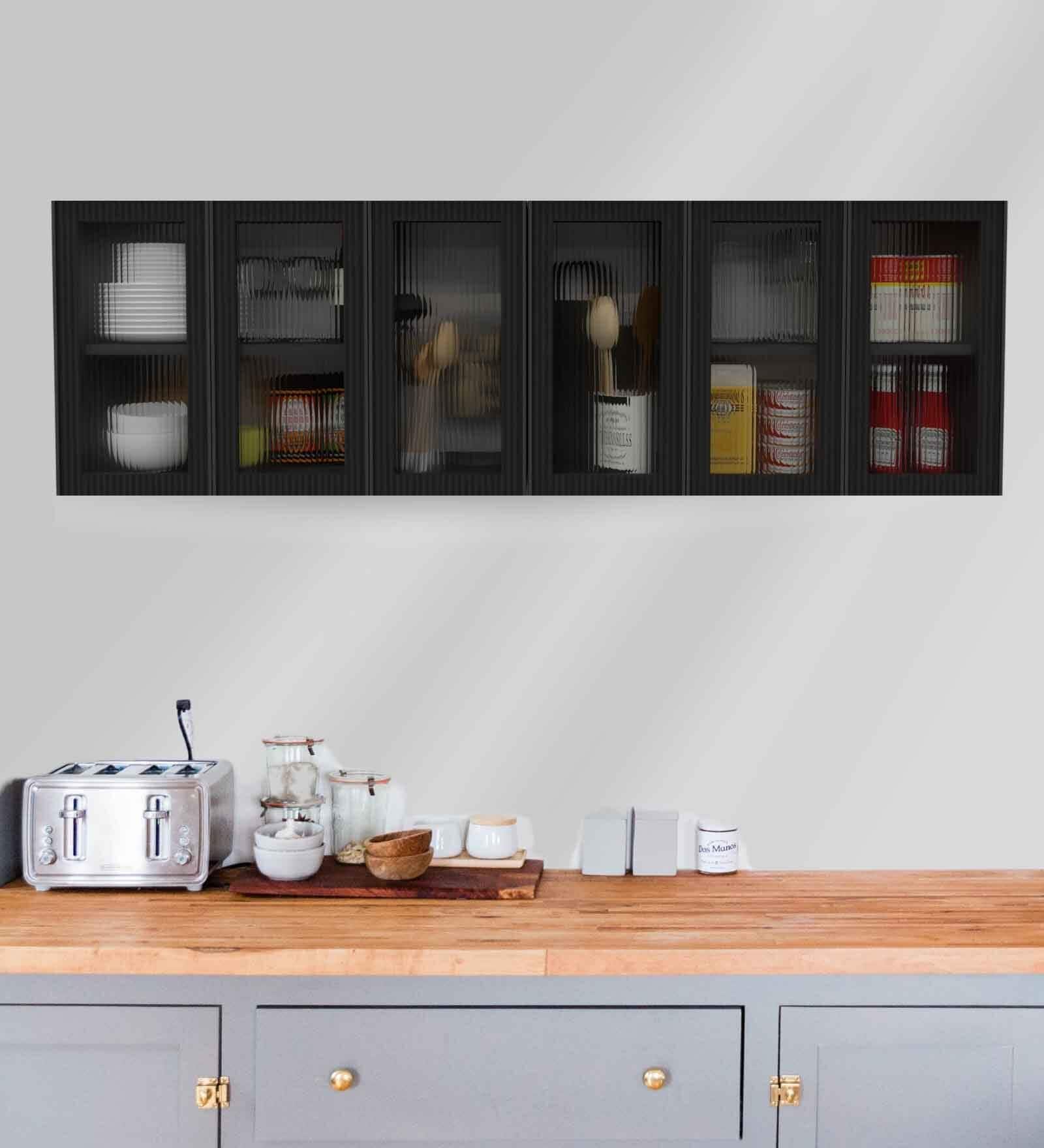 Aluminium Black Profile 6 Fluted Glass handless shutters Wall Cabinet in Slate Grey Finish