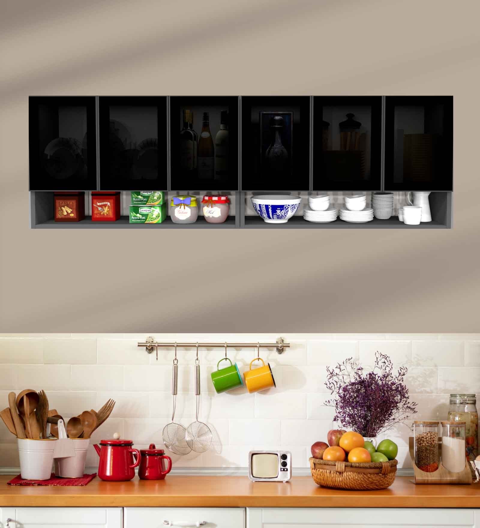 Aluminium Black Profile 6 Grey Tinted Glass handless shutter with Space Organizer in Slate Grey Finish