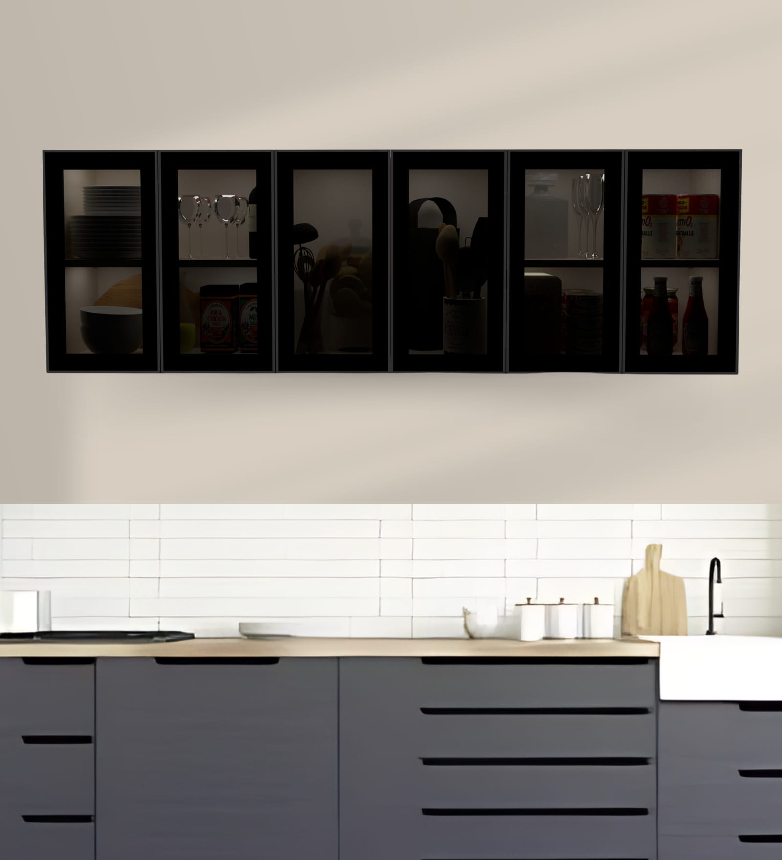 Aluminium Black Profile 6 Grey Tinted Glass handless shutters Wall Cabinet in Highland Pine Finish
