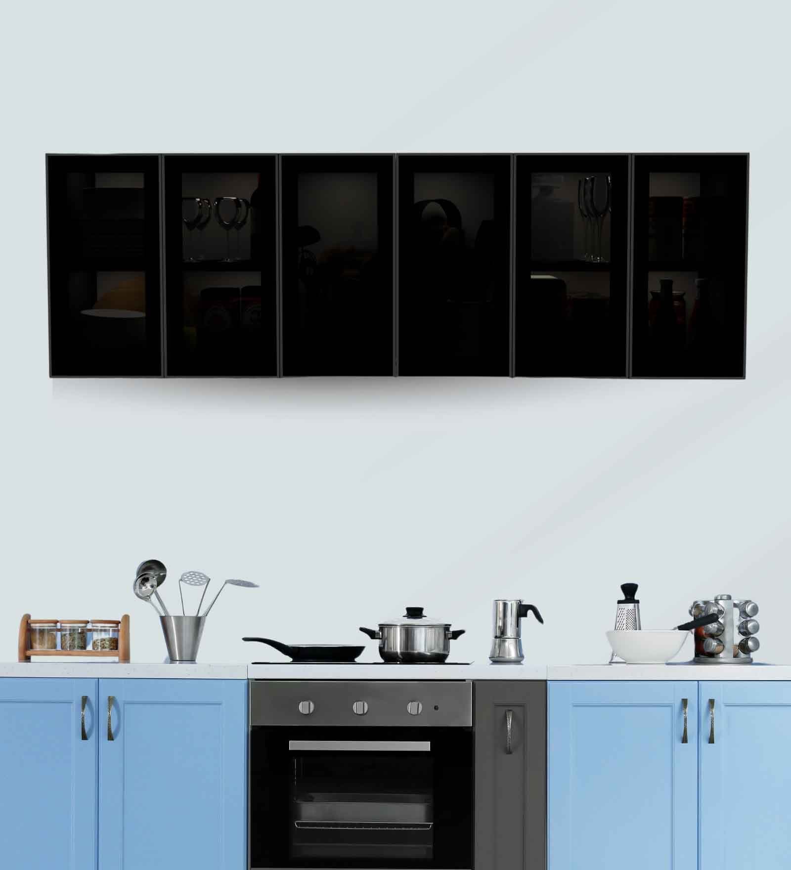 Aluminium Black Profile 6 Grey Tinted Glass handless shutters Wall Cabinet in Slate Grey Finish