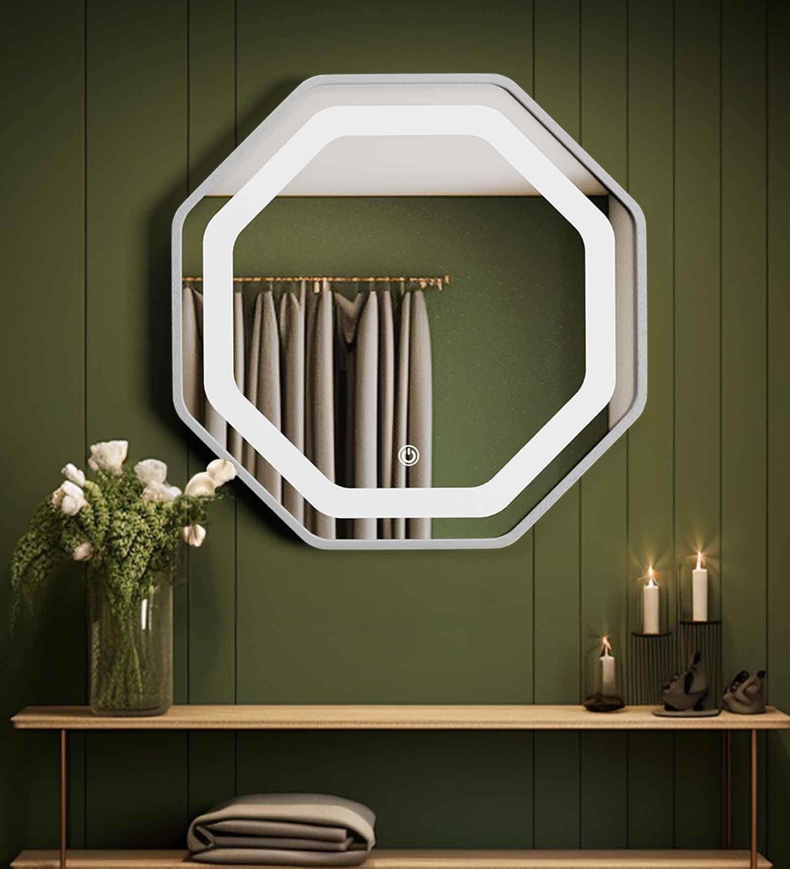 Bright Silver Aluminium Led Octagon Decorative Wall Mirror