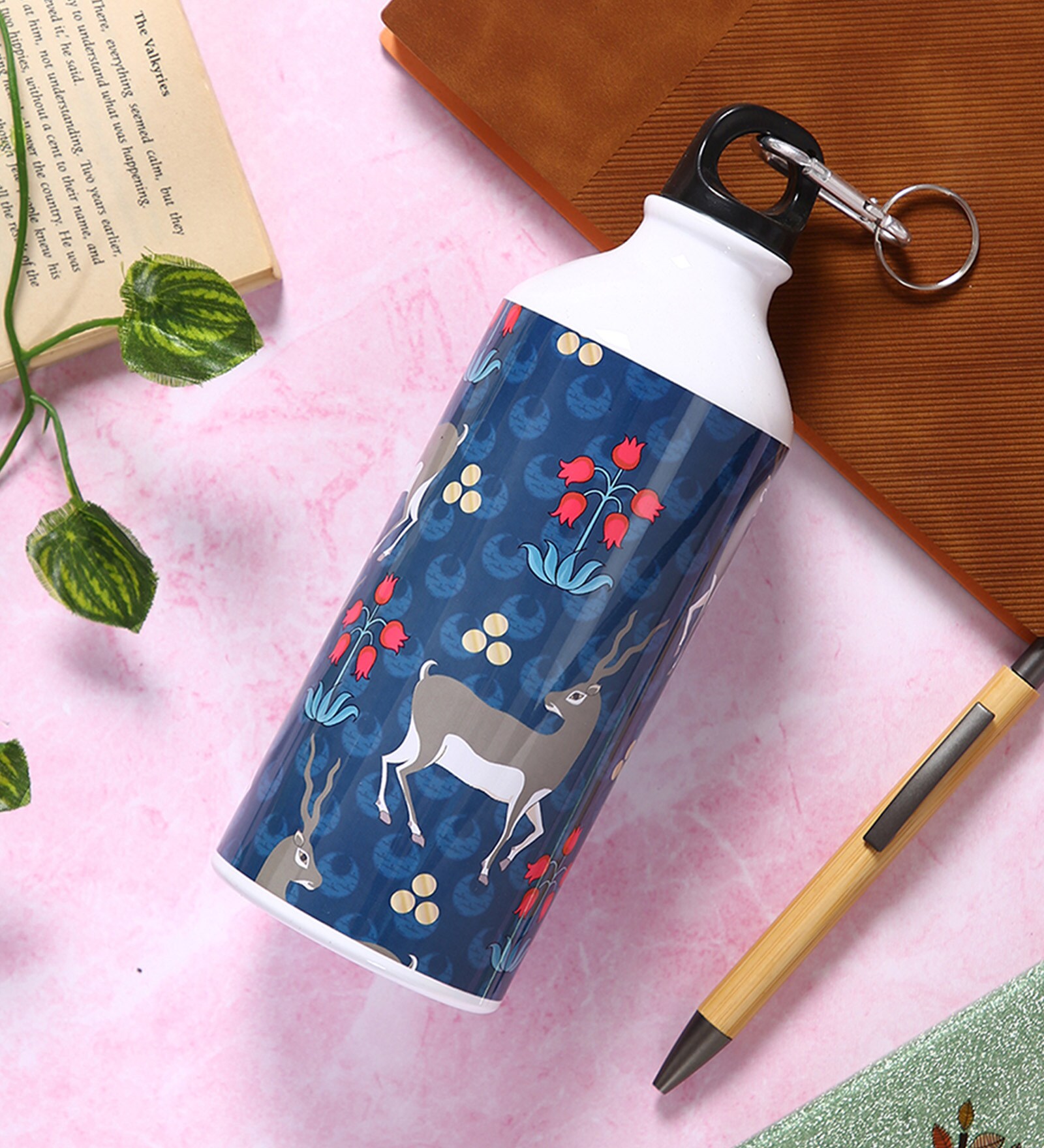 Aluminium Sipper Water Bottle With Navy Blue & Grey Deer Print 600Ml