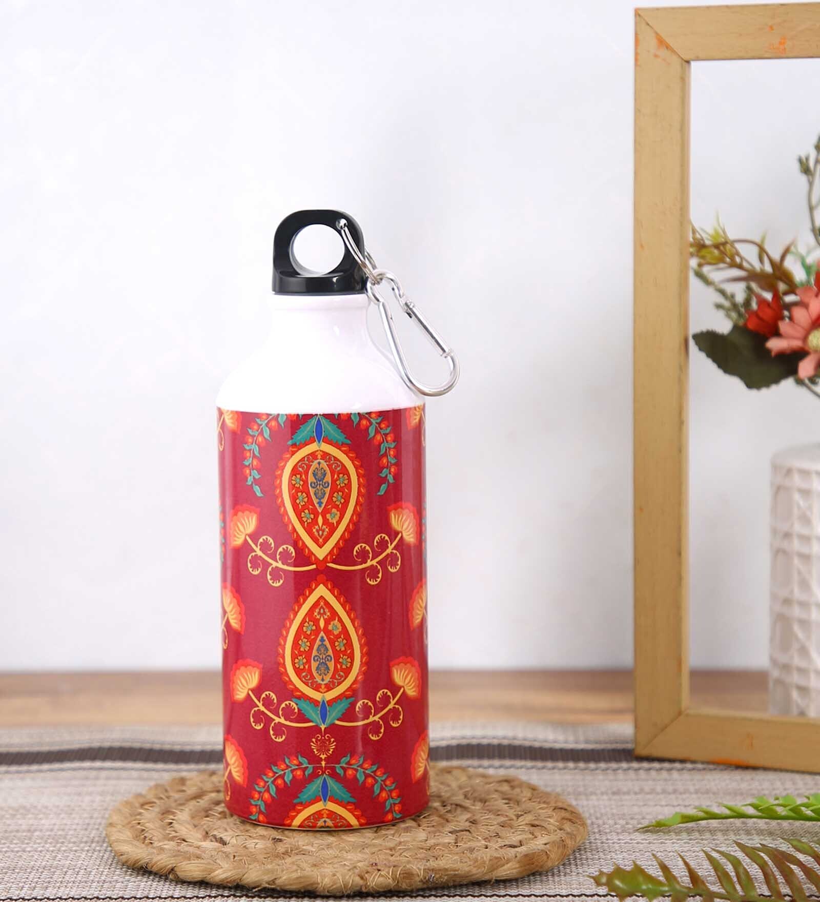 Aluminium Sipper Water Bottle With Red & Orange Mehendi Print 600Ml
