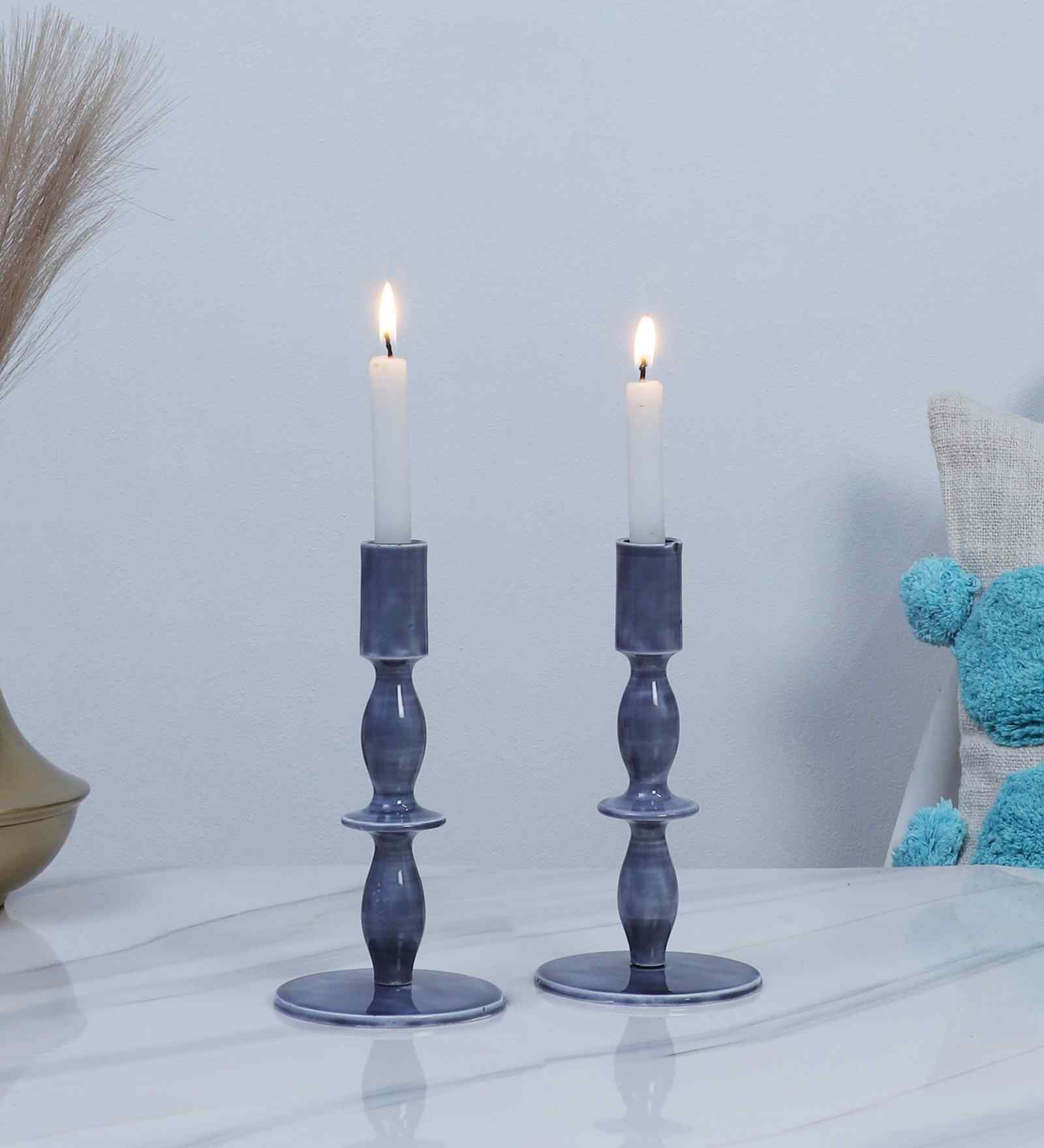 Aluminum Blue Resin Candle Stands Set of 2