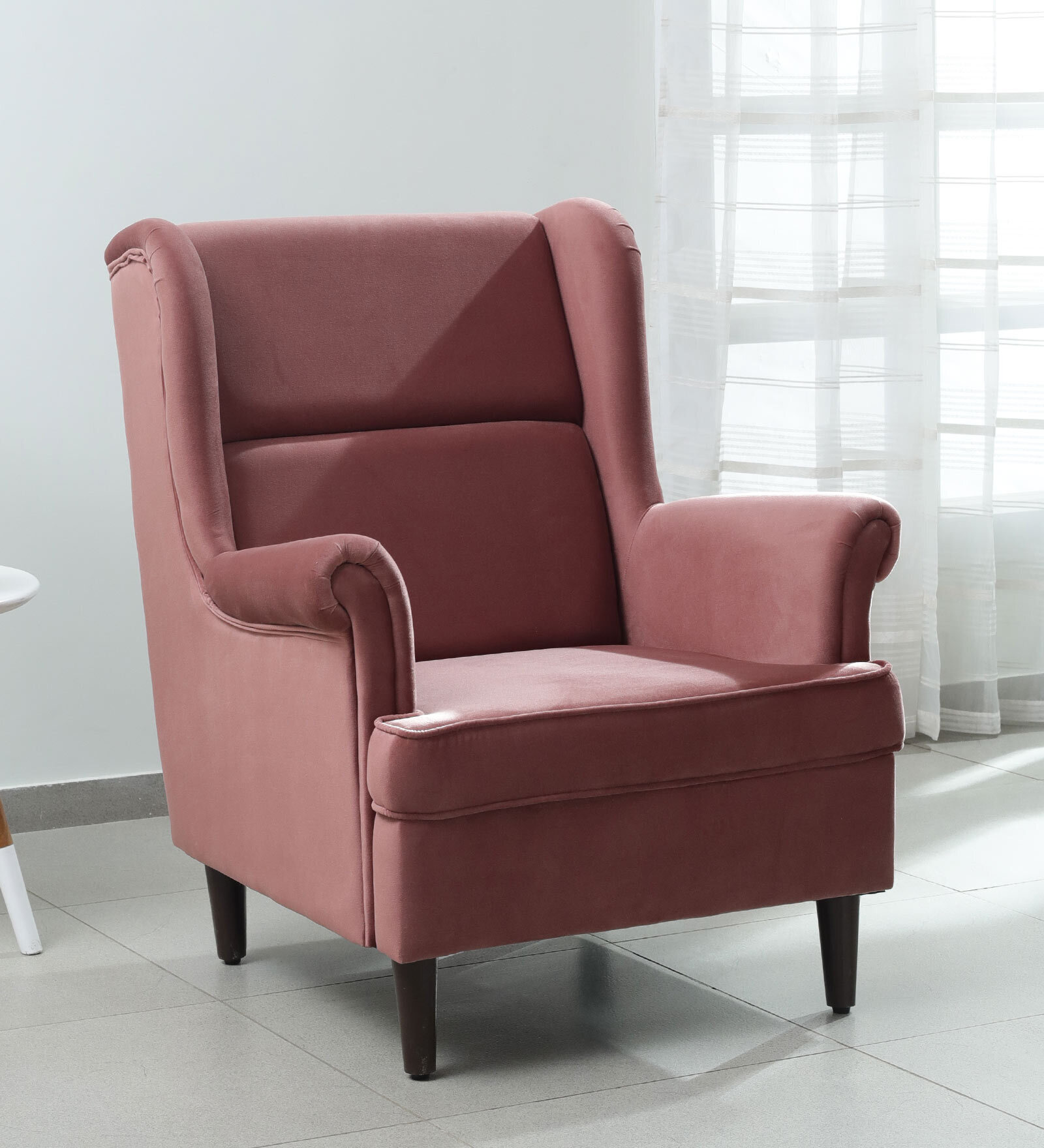 Alvarez Velvet Wing Chair In Velvet Blush Pink Colour