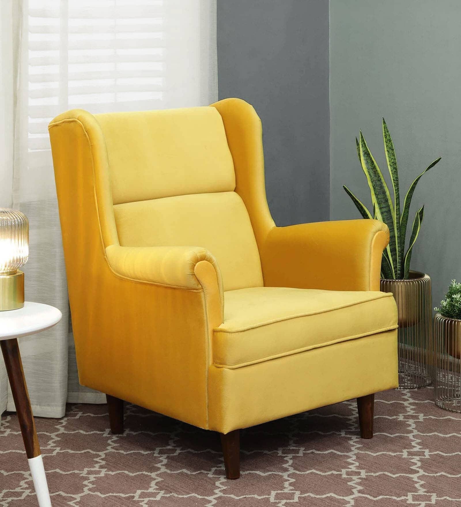 Alvarez Velvet Wing Chair In Velvet Mustard Yellow Colour