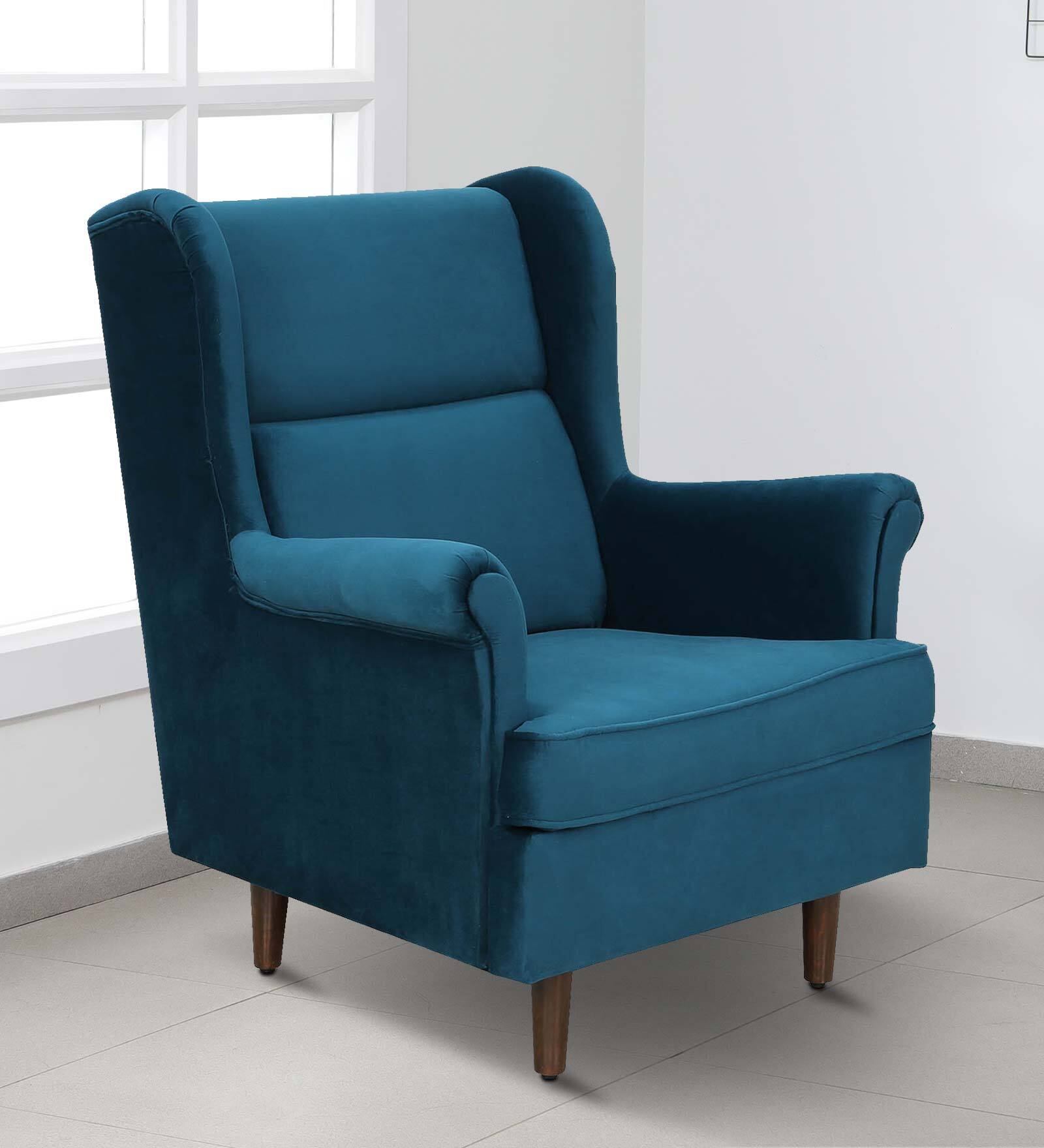 Buy Alvarez Velvet Wing Chair In Velvet Teal Blue Colour at 6% OFF by ...