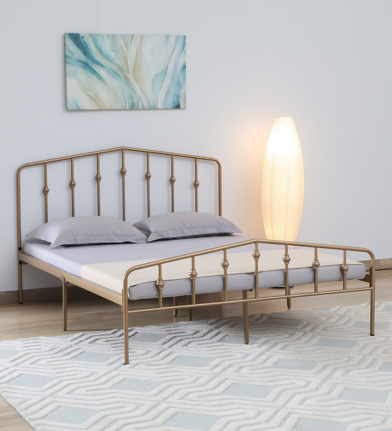 Alvarita Metal Queen Size Bed in Gold Colour
