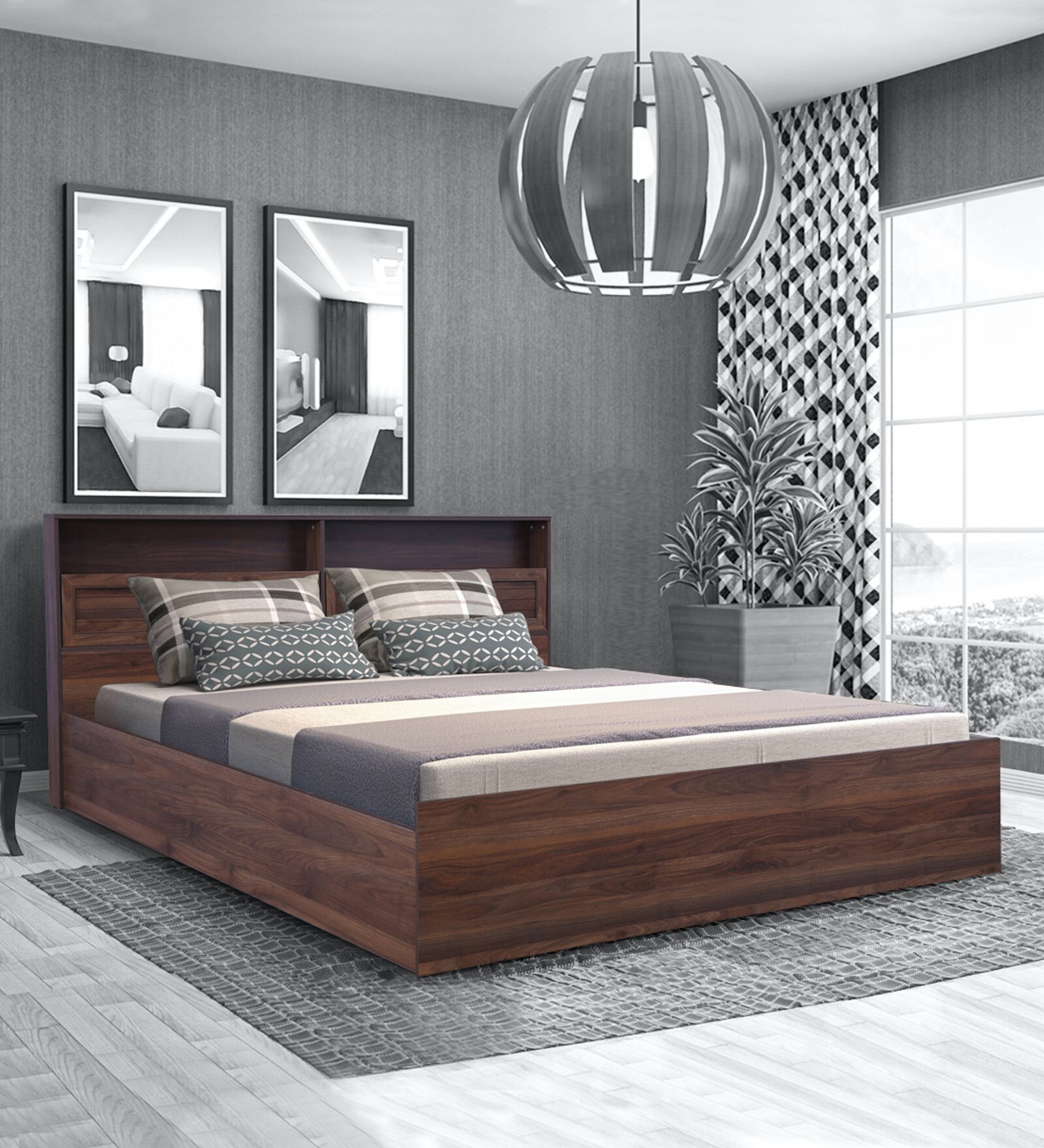 Alyssa Queen Size Bed in Columbia Walnut Finish with Box Storage