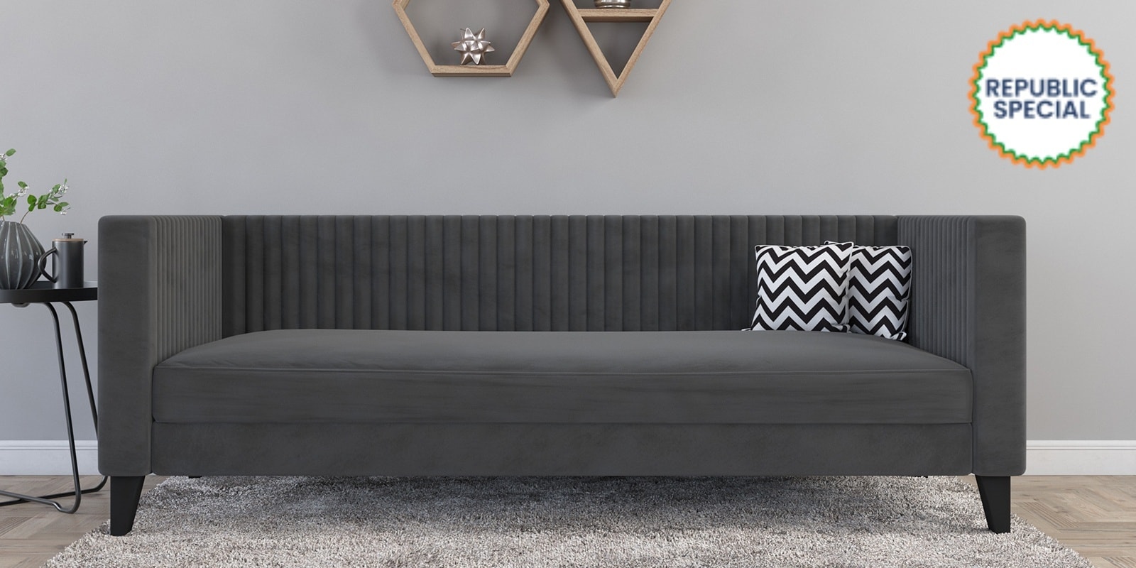 Alejandro Velvet 3 Seater Sofa In Carbon Grey Colour