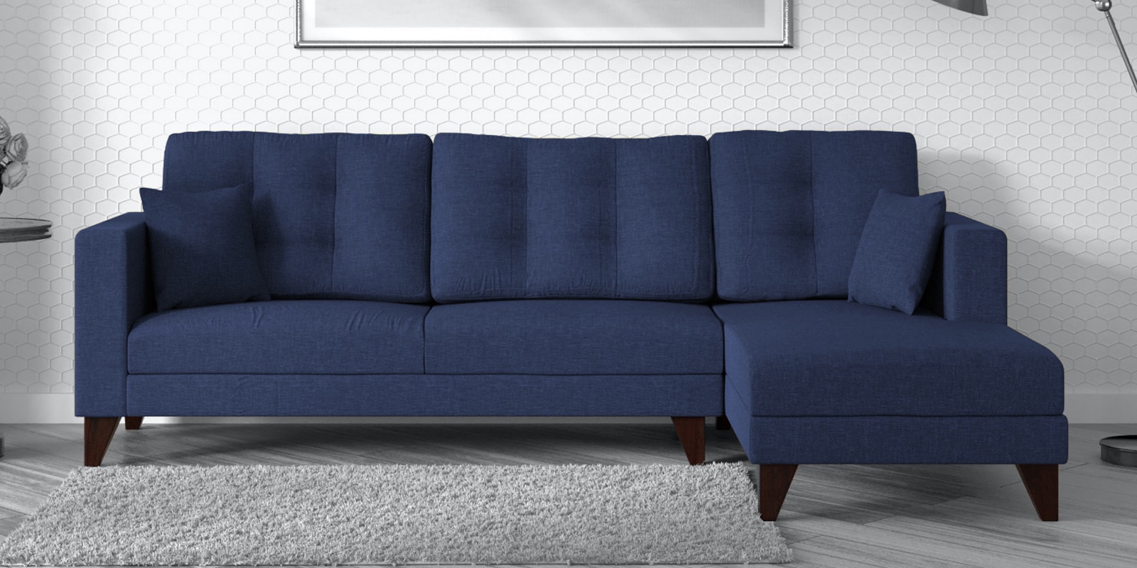 Alfredo Fabric LHS Sectional Sofa (3 + Lounger) in Navy Blue Colour