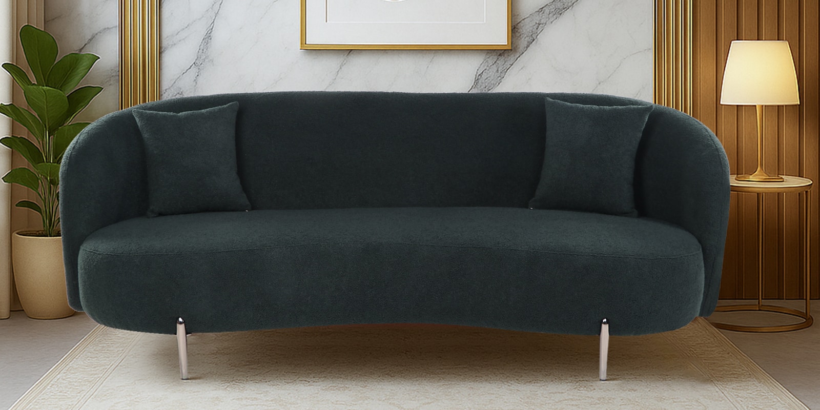 Alure Boucle Fabric 3 Seater Sofa In Dark Green Color