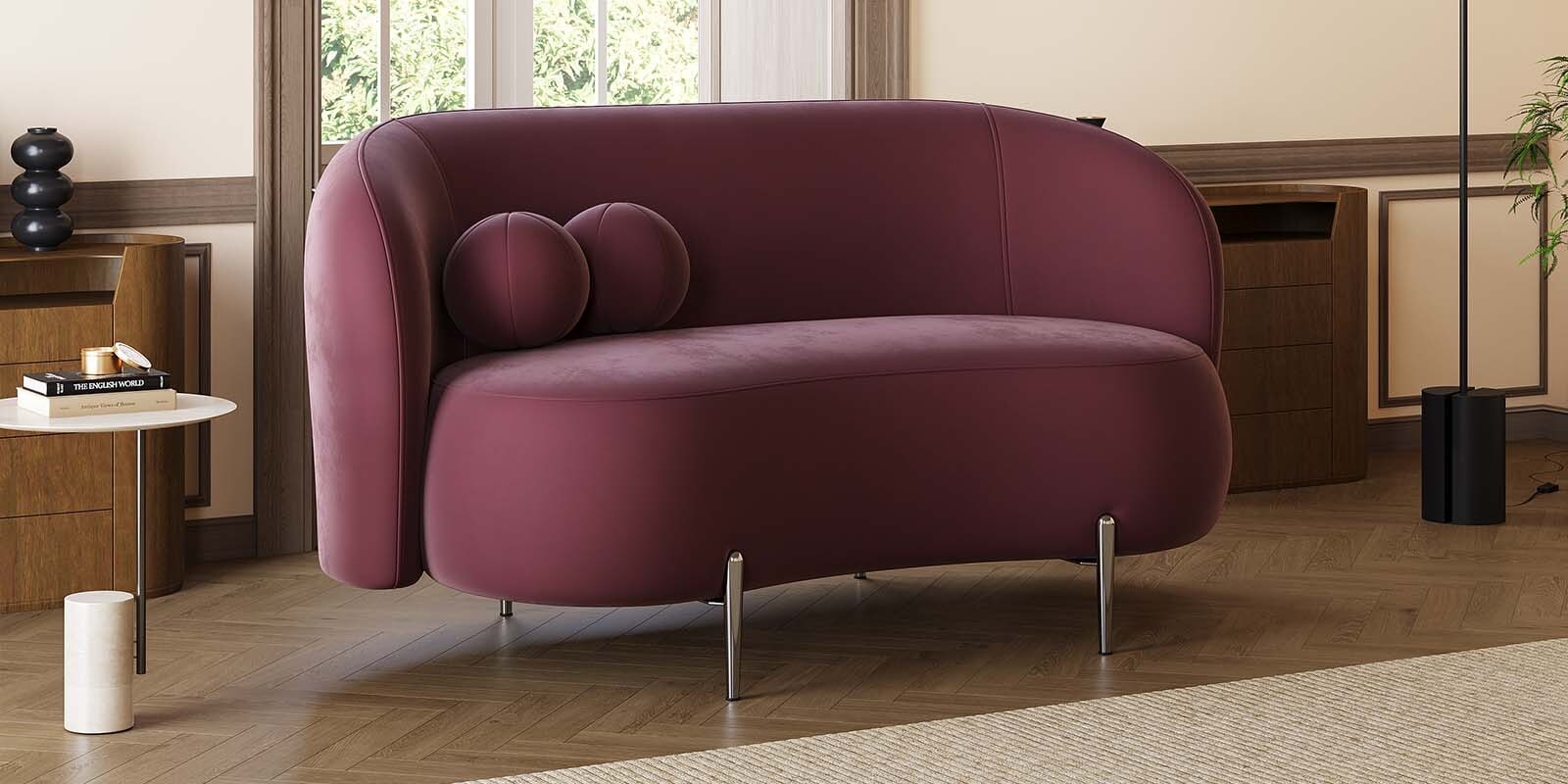 Alure Velvet 2 Seater Sofa In Wine Red Color