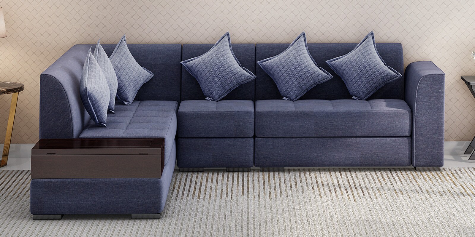 Buy Alvin RHS Sectional Sofa with Pouffe in Blue Colour By Muebles Casa