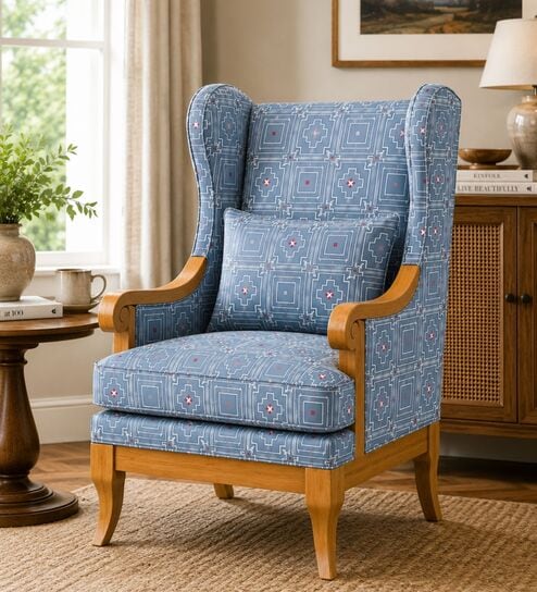 Alaric Teak Wood Wing Chair With Suede Fabric In Light Blue Colour