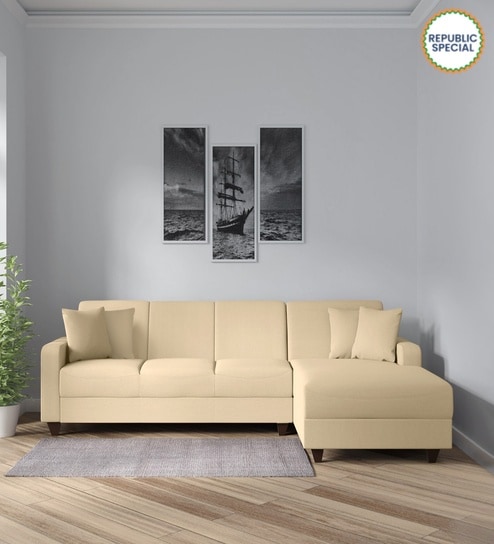 Alba Fabric LHS Sectional Sofa (3 + Lounger) in Beige Colour