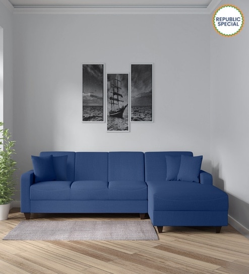 Alba Fabric LHS Sectional Sofa (3 + Lounger) in Denim Blue Colour