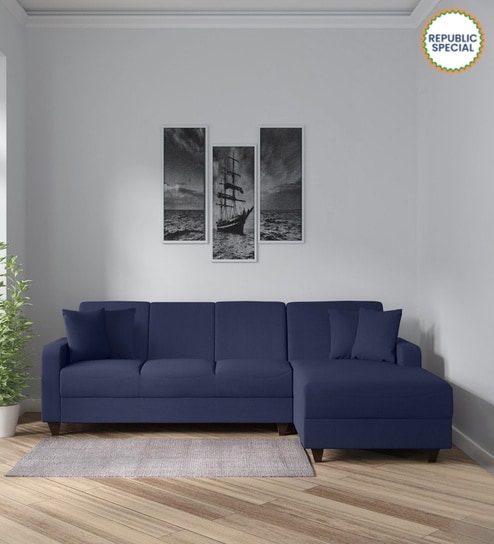 Alba Fabric LHS Sectional Sofa (3 + Lounger) in Navy Blue Colour
