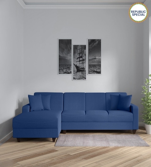 Alba Fabric RHS Sectional Sofa (3 + Lounger) in Denim Blue Colour