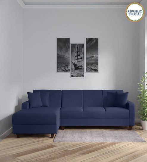Alba Fabric RHS Sectional Sofa (3 + Lounger) in Navy Blue Colour