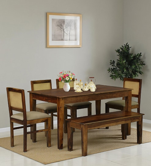 Albans Sheesham Wood 6 Seater Dining Set With Bench In Provincial Teak Finish