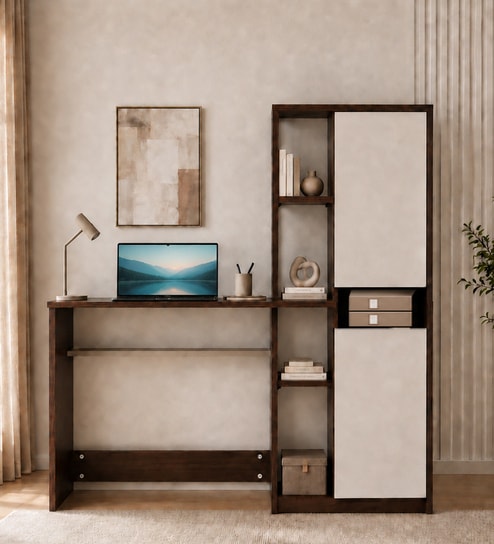 Albert Study Table In Smoked Walnut & Beige Finish