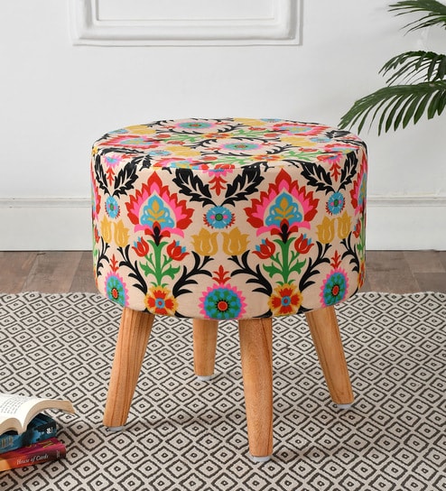 Alexis Leaf Printed Fabric Seating Stool in Multi Colour