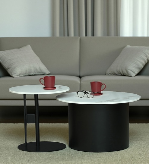 Alfena Round Metal Nesting Coffee Table Set with White Porcelain Top (Set of 2)