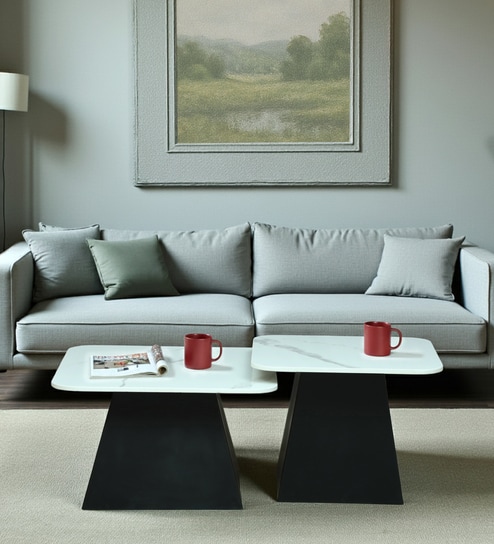 Alfena Square Metal Nesting Coffee Table Set with White Porcelain Top (Set of 2)