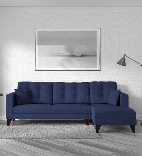 Alfredo Fabric LHS Sectional Sofa (3 + Lounger) in Navy Blue Colour