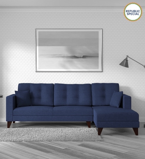 Alfredo Fabric LHS Sectional Sofa (3 + Lounger) in Navy Blue Colour