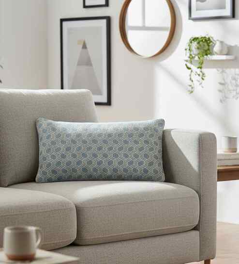 Alice Blue & Natural 100% Cotton Geometric 12X20 Inches Knitted Cushion Cover