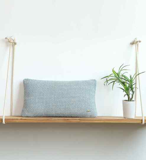 Alise Blue Vanilla Grey Melange 100% Cotton Moss Marld 12X20 Inches Knitted Cushion Cover