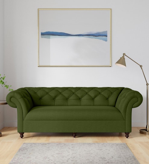 Buy Allanton Velvet 3 Seater Sofa In Olive Green Colour At 17% OFF By ...