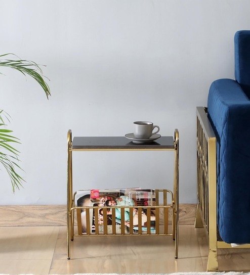 Allonso Metal End Table & Magazine Holder with Black Porcelain Top