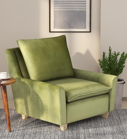 Alma Velvet Full Back Lounge Chair In Olive Green Colour