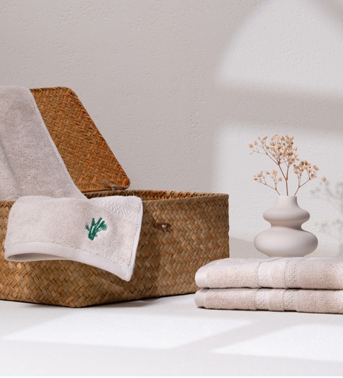 Almond Cream Bamboo and Cotton Solid 600 GSM Hand Towels Pack of 2