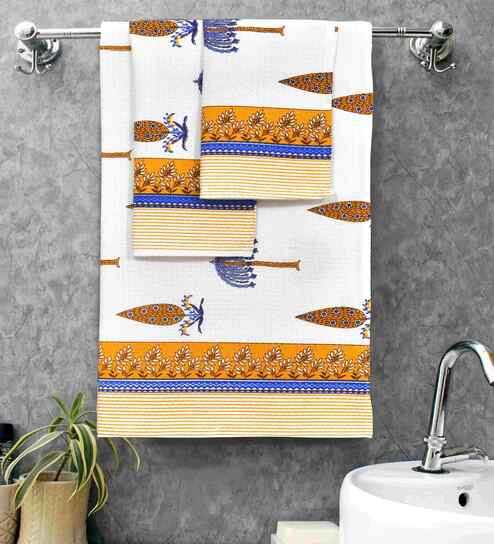 Almond Madhuban Floral Waffle Cotton 250 GSM Bath & Hand Towel Set