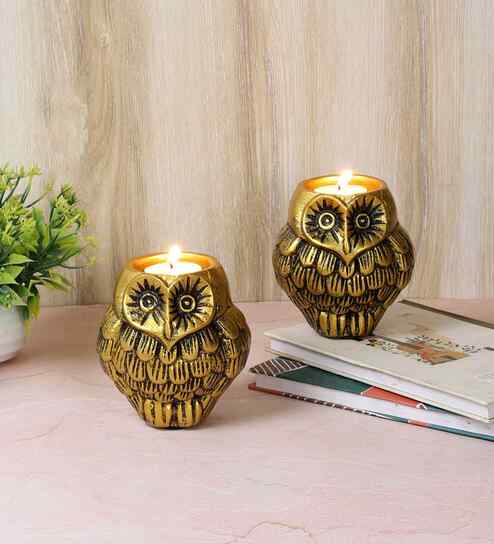 Aluminium Owl Tealight Holder Set of 2