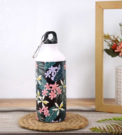 Aluminium Sipper Water Bottle With Black & Green Floral Print 600Ml