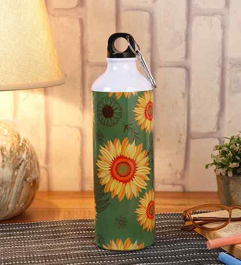 Aluminium Sipper Water Bottle With Green & Orange Sunflower Print 750Ml