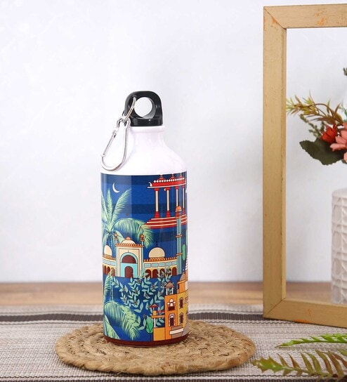 Aluminium Sipper Water Bottle With Navy Blue & House Print 600Ml