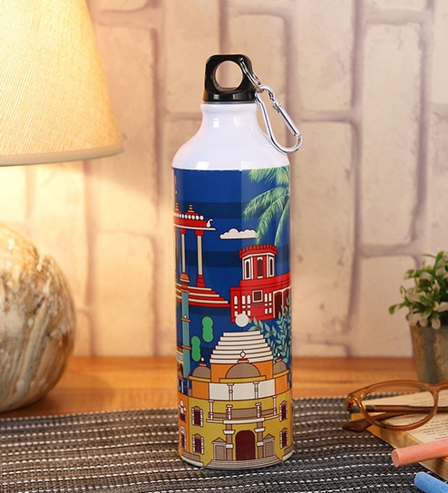 Aluminium Sipper Water Bottle With Navy Blue & House Print 750Ml
