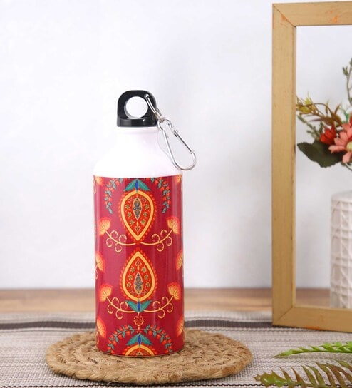 Aluminium Sipper Water Bottle With Red & Orange Mehendi Print 600Ml