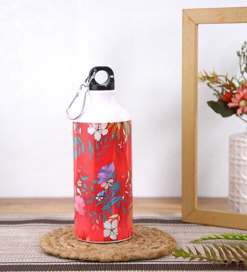 Aluminium Sipper Water Bottle With Red Floral Print 600Ml