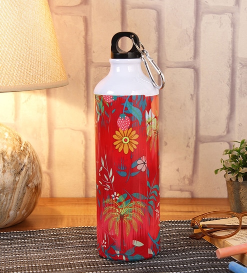 Aluminium Sipper Water Bottle With Red Floral Print 750Ml