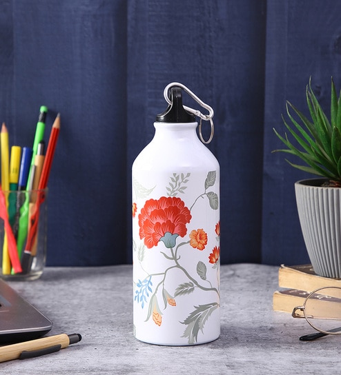Aluminium Sipper Water Bottle With White & Red Floral Print 600Ml